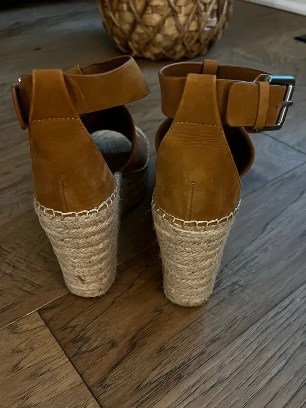 Marc Fisher Cognac Perforated Espadrille Wedge Sandals with Ankle Strap